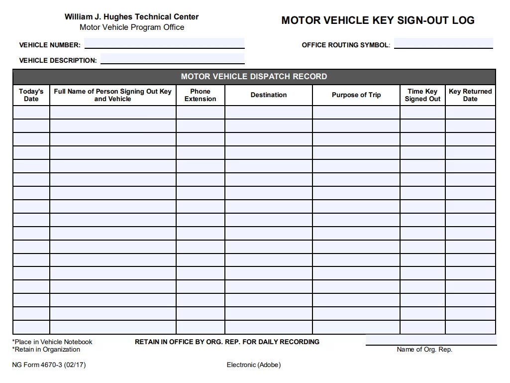 Motor Vehicle Key Log Template