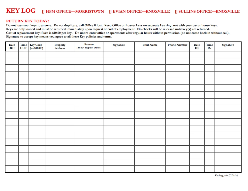 Office Key Log Template