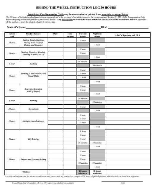 Behind the Wheel Practice Log Template