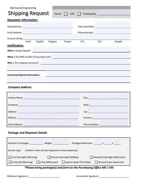 Shipping request log template