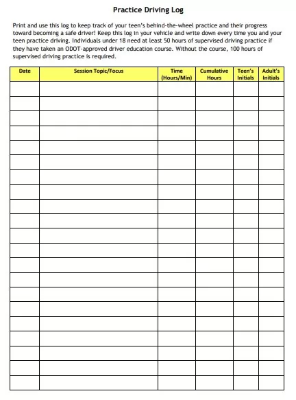 Teen Driving Practice Log Template