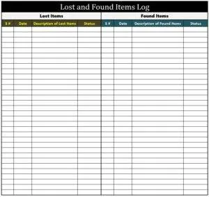 Lost And Found Items Log Template